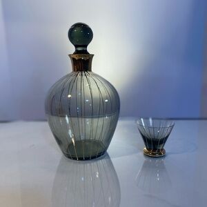 Vintage Danish hand blown smoke glass barware cordial set mid century modern